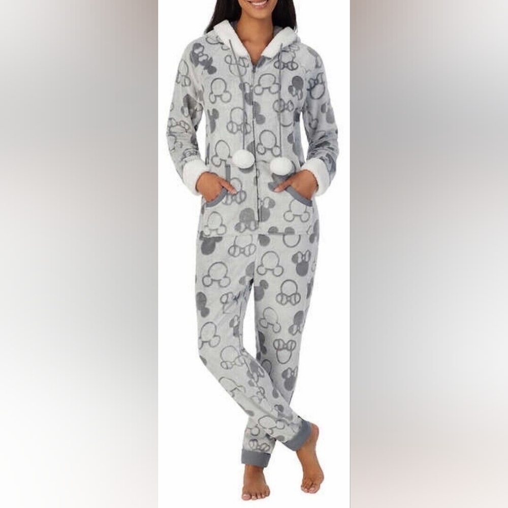 Disney MICKEY/MINNE Patterned Pajama Adult Zip Up Onsie W/ Hood